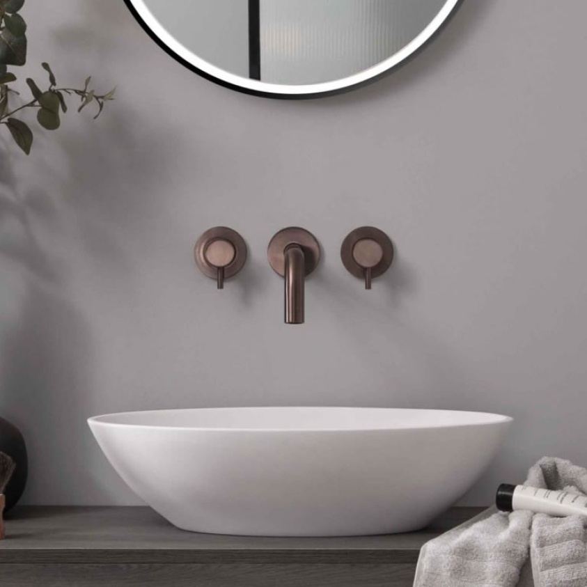 Product Lifestyle image of the JTP Vos Brushed Bronze Wall Mounted 3 Tap Hole Basin Mixer